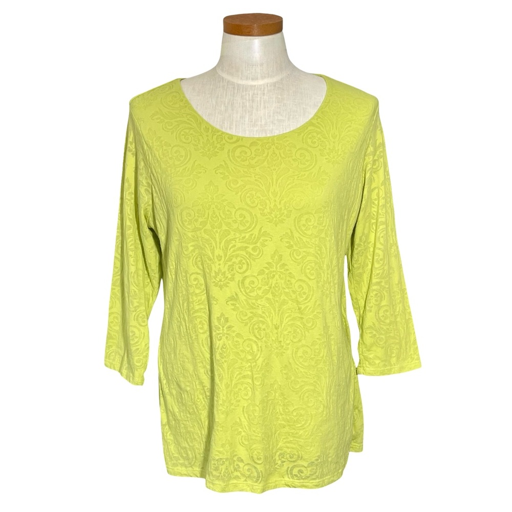 Coldwater Creek Chartreuse 3/4 Sleeve Scoop Neck Shell Lined Top SzL